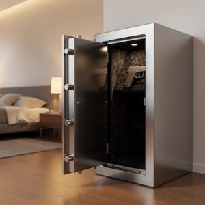 Locked gun safe storing handgun in compliance with Illinois Safe Gun Storage Act in Will County home